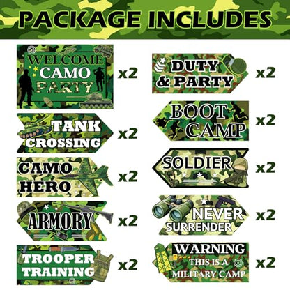 Hooqict 20 Pieces Camo Party Signs Army Birthday Party Decorations Camouflage Military Birthday Party Supplies for Boys Men Army Themed Directional Sign - style: Camo