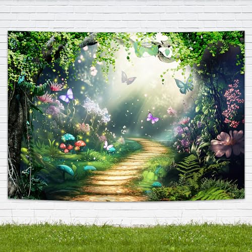Fairy Woodland Tale Backdrop 5Wx3H Feet Enchanted Green Spring Butterfly Flower Princess Birthday Wedding Polyester Fabric Magic Photography Backgrounds Photo Shoot Decor Props Decoration - color: A-Fairy01, size: 5Wx3H