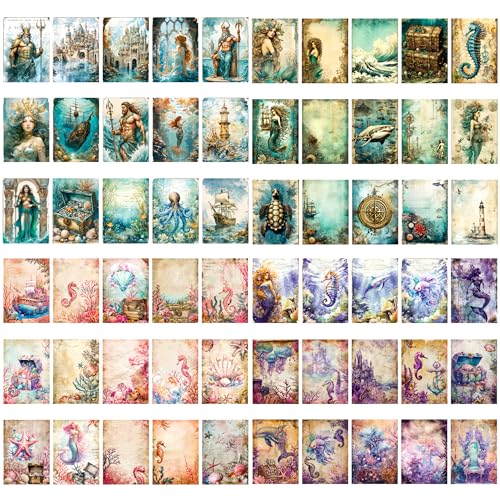 Yoksas 120 Sheets Vintage Mythology Fantasy Sea Ocean Scrapbook Paper - Mermaid Seahorse Corals UnderSea Junk Journals Decorative Cardstock for Posters,Card Making,Crafts Paper - color: Ocean Mythology, size: 3.94″ x 5.51″