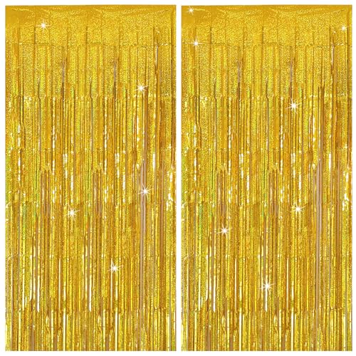 Tinsel Curtain Party Backdrop Gold Birthday Decorations 2 Packs Glitter Foil Fringe Curtain Party Decor Streamers Photo Booth for Birthday Christmas Wedding Halloween Graduation Decorations - color: Gold, size: 2 Pack