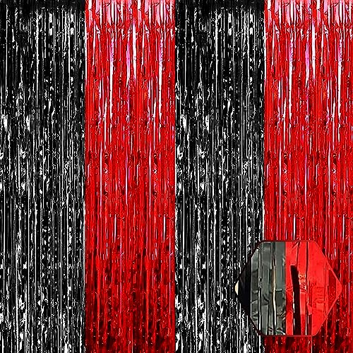 6 Pack Black Red Foil Fringe Curtain Backdrop, 3.28Ft x 6.6Ft Metallic Tinsel Foil Fringe Streamer Curtains for Photo Booth, Christmas Day, Thanksgiving, Wedding, New Year Party Decorations - color: Black Red