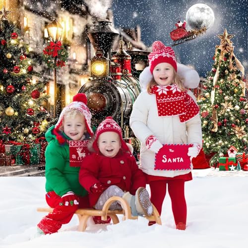 Mocsicka Christmas Train Backdrop Winter Town Snow Railway Xmas Tree Photography Background Winter Xmas Eve New Year Family Party Decor Photo Booth Studio Props (7x5ft (82x60 inch)) - size: 7x5ft (82x60 inch)