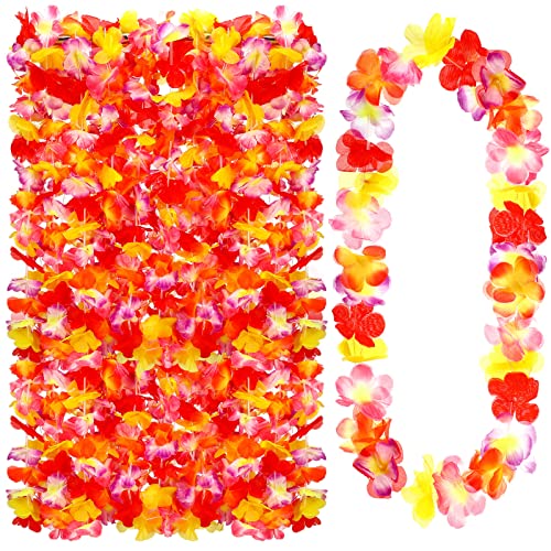 24 Counts Hawaiian Leis Necklace Tropical Flower Lei Floral Luau Party Decorations Hawaiian Flower Luau Necklaces Hula Dance Garland Headbands for Beach Birthday Wedding Party (Multi Colors) - color: Multi Colors