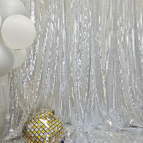 JYFLZQ Silver Sequin Backdrop Curtain for Parties 4.5FT x 8FT 1 Panel Not See Through Thick Sequin Mirror Background 70s 80s Glitter Sparkly Backdrop Disco Party Decorations - color: Silver, size: 4.5FT x 8FT (Pack of 1)