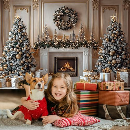 Mocsicka Christmas Fireplace Backdrop Gold Christmas Tree Fireplace Background Photography Decorations Christmas Eve Background Photo Props (8x6ft) - size: 8x6ft