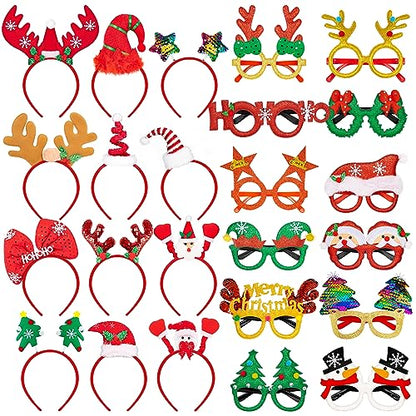48 Pcs Christmas Glasses Frame and Headbands Set, Cute Christmas Head Boppers and Glasses with 24 Designs Santa Hat Leprechaun Snowman Reindeer Antler, Christmas Party Favors, Accessories, Supplies - style: 48 PCS
