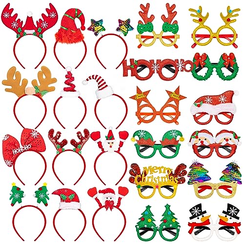 48 Pcs Christmas Glasses Frame and Headbands Set, Cute Christmas Head Boppers and Glasses with 24 Designs Santa Hat Leprechaun Snowman Reindeer Antler, Christmas Party Favors, Accessories, Supplies - style: 48 PCS