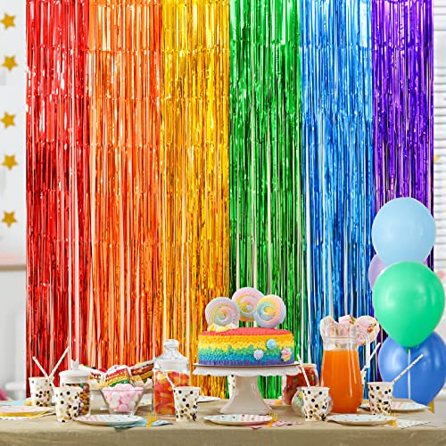 LOLStar Rainbow Photo Booth Props 4 Packs Rainbow Party Decorations 13.2x6.6 ft Foil Fringe Curtains Tinsel Metallic Streamers Holiday Backdrop for Birthday Easter Engagement Bridal Shower Pride - size: 4 Pack