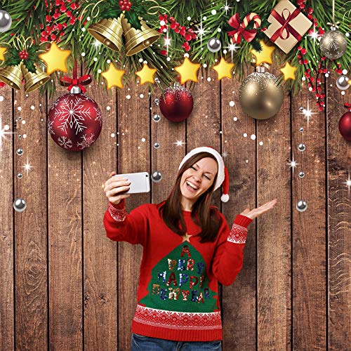 Blulu Christmas Backdrop for Photography - Fabric Wood Pattern Background with Pine Tree & Ornaments - Merry Xmas Photo Background, 72.8 x 43.3 Inch