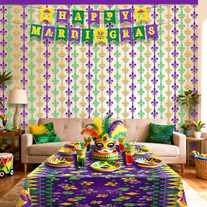 OQOQ Mardigras Decor Backdrops Kit, 2 Pcs Purple Green Gold Fleur De Lis Tinsel Foil Curtains & 1 Set Paper Banner Large Photo Booth Props Carnival Party Fat Tuesday Celebration Supplies - color: Purple Green Gold