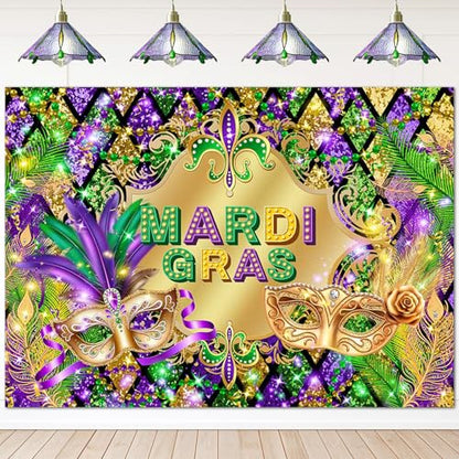 Avezano Mardi Gras Party Backdrop for Festival Carnival Masquerade Photoshoot Photography Background Retro Glitter Gold Green Purple New Orleans Mask Mardi Gras Party Decorations (7x5ft) - size: 7x5ft