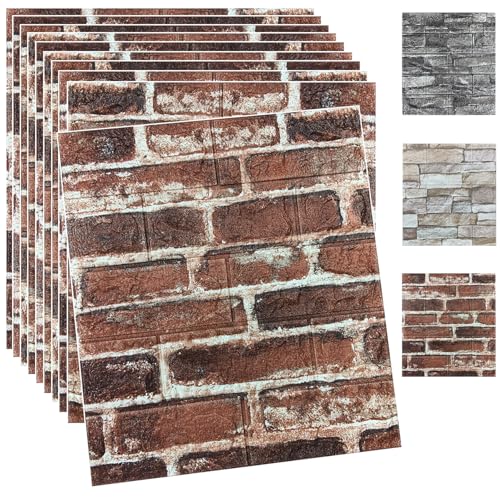 20PCS 3D Wall Panels Peel and Stick Foam 3D Brick Wallpaper Peel and Stick Red Faux Stone Wall Panel Self-Adhesive Wallpaper (20PCS, Red) - color: Red, size: 20PCS