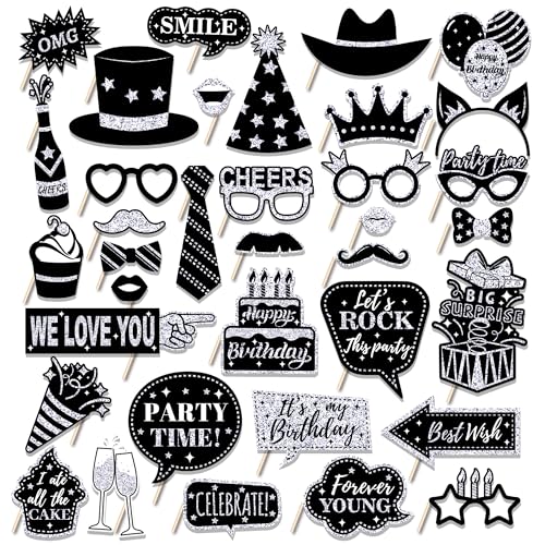 36 PCS Birthday Photo Booth Props Party Supplies Holiday Picture Decorations Photo Booth Props for Birthday Party Favors Pose Sign Kit Fun for Party (Silver and Black) - color: Silver and Black
