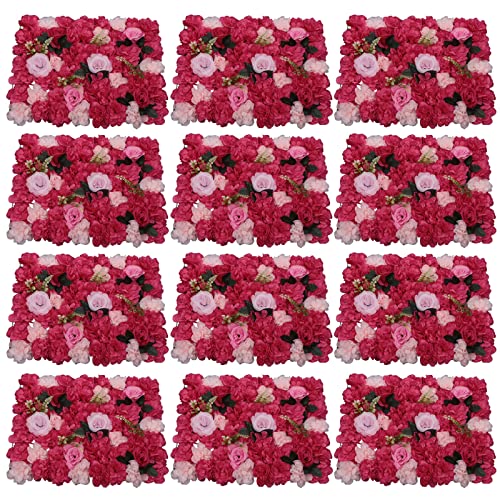 LOYALHEARTDY 12 Pack Artificial Flower Wall Panels 24" x 16" Flower Wall Panel Wall Backdrop Faux Hydrangea and Rose Flower Backdrop Panels for Flower Wall Decor Wedding Party Event Decoration - color: 12 Pcs, Red+leaf