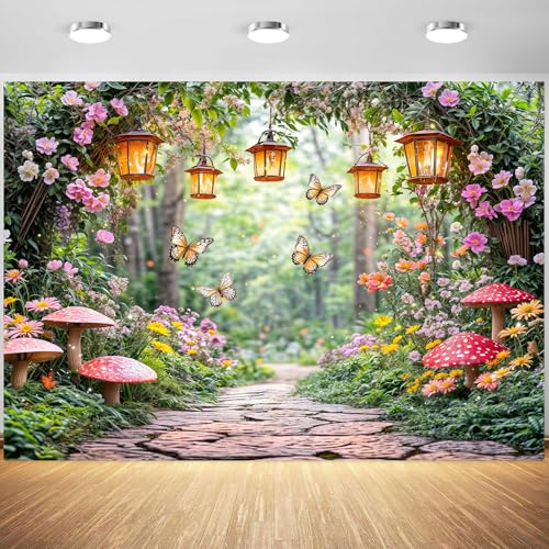 6 x 4 ft Enchanted Forest Backdrop, Fairy Magic Tale Wonderland Banner Mushroom Butterfly Spring Garden for Kids Girls Birthday Baby Shower Tea Party Background for Photography Photo Booth Props - color: Green05, size: 6x4ft