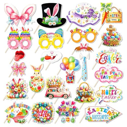 25 Pcs Easter Photo Booth Props with Stick, Bunny Eggs Theme Selfie Props, Happy Easter Day Birthday Party Supplies, Photography Backdrop Decorations
