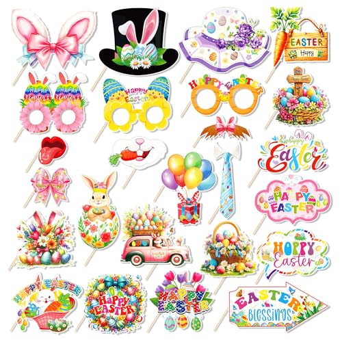 25 Pcs Easter Photo Booth Props with Stick, Bunny Eggs Theme Selfie Props, Happy Easter Day Birthday Party Supplies, Photography Backdrop Decorations