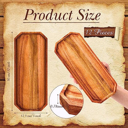 Dandat 12 Pack Wooden Serving Platter Acacia Wood Platters 12 x 5 Inch Rustic Serving Tray Rectangular Charcuterie Board Cheese Plate for Home Decor Dessert Vegetables Fruit Cookie - size: 12 X 5 Inch