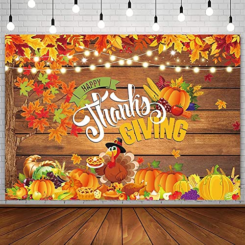 Sendy 7x5ft Happy Thanksgiving Backdrop Give Thanks Autumn Harvest Party Decorations Supplies Fall Pumpkin Turkey Maple Leaves Rustic Wood Banner Photography Background Event Photo Shoot Props Vinyl