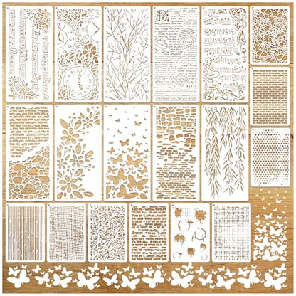 19pcs Stencils for Crafts Reusable Musical Notes Brick Branches Floral Texture Dot Background Template Drawing Layering Stencils for Painting on Wood Scrapbook Furniture Paper Card Decor(crafts19)
