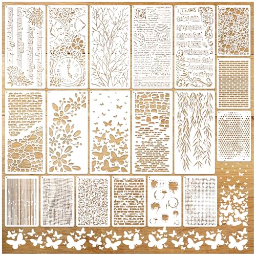 19pcs Stencils for Crafts Reusable Musical Notes Brick Branches Floral Texture Dot Background Template Drawing Layering Stencils for Painting on Wood Scrapbook Furniture Paper Card Decor(crafts19)