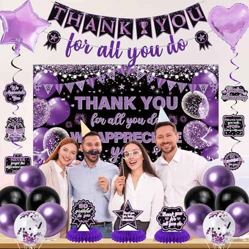 Vlipoeasn We Appreciate You Banner Decorations, Black Purple Thank You for All You Do Backdrop Banner Honeycomb, Retirement Office Decor Staff Teachers Professors Doctor Nurses Appreciation - style: Purple