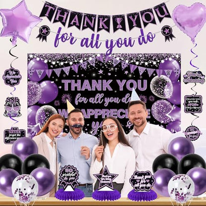 Vlipoeasn We Appreciate You Banner Decorations, Black Purple Thank You for All You Do Backdrop Banner Honeycomb, Retirement Office Decor Staff Teachers Professors Doctor Nurses Appreciation - style: Purple