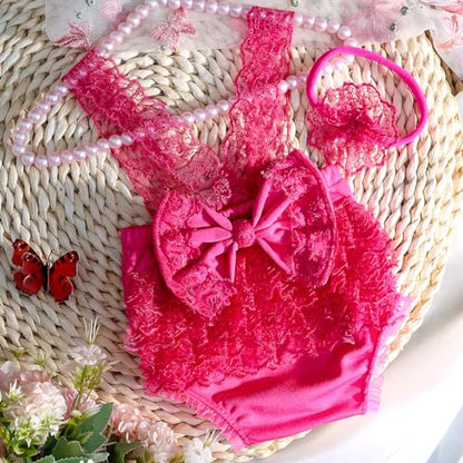 Ylsteed Newborn Photography Outfits - Lace Romper & Photo Props (Girls, Hot Pink) - color: Hot Pink