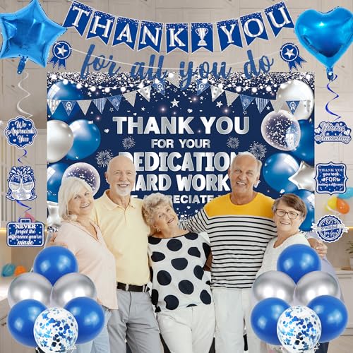Vlipoeasn We Appreciate You Banner Decorations, Blue Silver Thank You for All You Do Backdrop Banner Honeycomb Centerpieces, Retirement Office Decor Staff Teachers Professors Doctor Nurses - style: Bue Silver