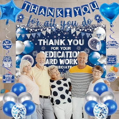 Vlipoeasn We Appreciate You Banner Decorations, Blue Silver Thank You for All You Do Backdrop Banner Honeycomb Centerpieces, Retirement Office Decor Staff Teachers Professors Doctor Nurses - style: Bue Silver