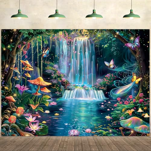 Fairy Backdrop 7Wx5H Feet Enchanted Woodland Waterfall Mushroom Green Butterfly Flower Polyester Fabric Tree Plant Leaves Birthday Photography Backgrounds Photo Shoot Decor Props Decoration - color: A-Fairy05, size: 7Wx5H