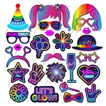 25pcs Glow Neon Photo Booth Props with Stick, Photo Props for Birthday Let's Glow Themed Neon Glow in The Dark Disco Black Light Party Decoration Supplies