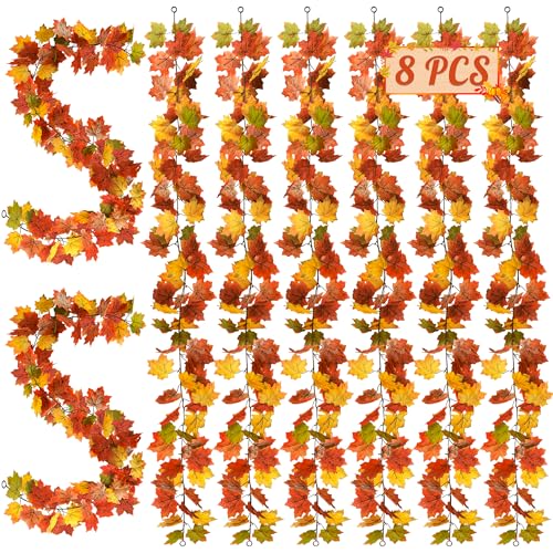 Helimoto Maple Leaf Garland, 8 Pack 47.2 FT Hanging Fall Garland, Artificial Maple Outdoor Autumn Leaves Garlands, Fall Decorations for Home Thanksgiving Decor Wedding Party Wall Fireplace Mantle - color: Green, size: 8 Pcs