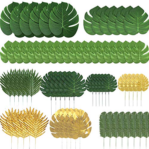 72 Pieces 10 Kinds Artificial Palm Leaves Golden Tropical Leaves with Stems Jungle Leaves Decorations for Hawaiian Luau Party Beach Baby Shower Wedding Birthday - color: 72pcs Gold