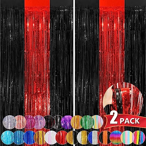 Black Red Tinsel Foil Fringe Curtains, 2 Pack 3.3x8.3 Feet Party Streamer Curtains for Birthday Party Decorations, Halloween Decor, Foil Curtain Backdrop for Bachelorette Party - color: Black Red, size: 2 Pack