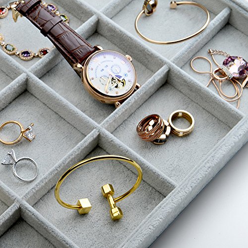 Oirlv Velvet Stackable Jewelry Display Trays 12 Grids Rings Earrings Bracelet Organizer Storage Tray(13.8"x1.29"x9.4") - size: 12 Grid Tray