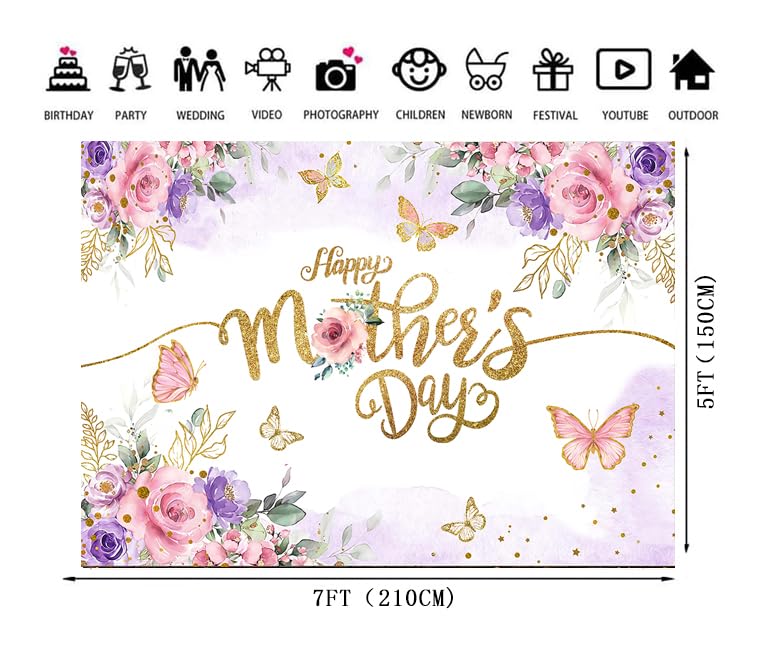 7x5ft Happy Mother's Day Backdrop – Floral Photography Background with Gold Dots, Mother's Day Photo Booth Banner for Women, Mom Birthday or Party Decor 068 - size: 7x5ft