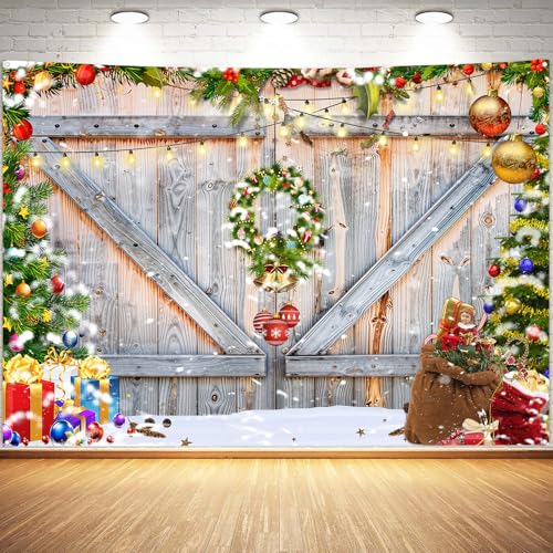 Christmas Photo Backdrop for Photography, Rustic Barn Wood Door Backdrops for Photoshoot, Xmas Tree Snow Red Gift Christmas Party Decorations 7x5ft - color: Red, size: 7x5 FT