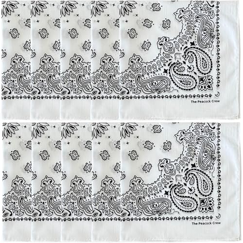 The Peacock Crew Premium Soft Cotton Bandanas Pack for Men and Women Paisley 22 x 22 inches - color: Pack of 10 Pure White