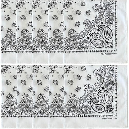 The Peacock Crew Premium Soft Cotton Bandanas Pack for Men and Women Paisley 22 x 22 inches - color: Pack of 10 Pure White