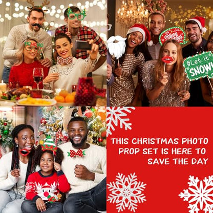 40Pcs Christmas Photo Booth Props, Christmas Party Favors, Fun Santa Gingerbread Snowman Holiday Prop for Photoshoot, Xmas Backdrop Accessories for Holiday Winter Party Supplies