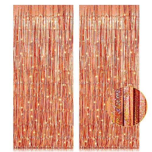 2 Pack 3.2ft x 8.2ft Rose Gold Foil Fringe Curtain Backdrop, Metallic Tinsel Foil Fringe Streamer Curtains Photo Booth Props, Ideal for Bachelorette Birthday Christmas New Year Party Decorations - color: Rose Gold