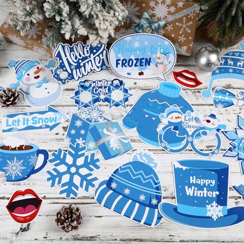 31 PCS Snowflake Photo Booth Props Winter Snowman Photo Props Winter Wonderland Party Decorations for Xmas Holiday Party Christmas Party Supplies Favors