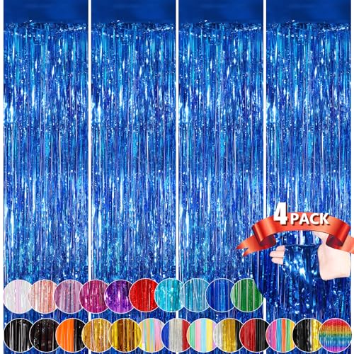Blue Metallic Tinsel Foil Fringe Curtains, 4 Pack 3.3x8.3 Feet Party Streamer for Birthday Party Decorations, Halloween Decor, Foil Curtain for Bachelorette Party - color: Blue, size: 4 Pack
