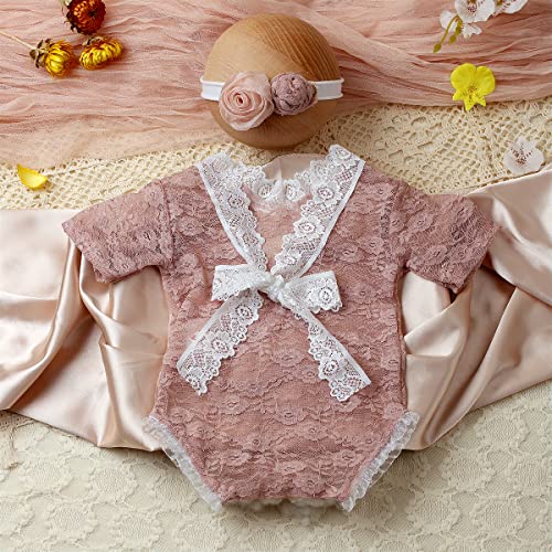 Baby Photography Props Outfit Lace Rompers Newborn Girl Photo Shoot Outfits Flower Headband Princess Costume - color: Lotus Color
