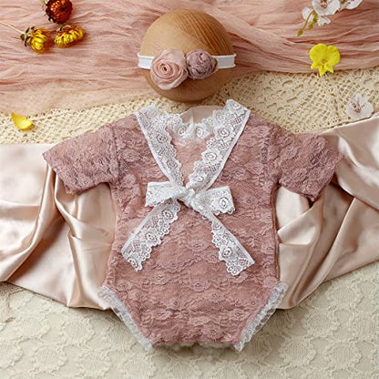 Baby Photography Props Outfit Lace Rompers Newborn Girl Photo Shoot Outfits Flower Headband Princess Costume - color: Lotus Color