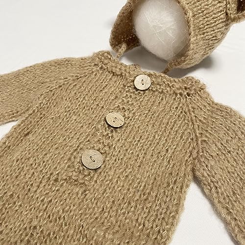 2Pcs Newborn Photography Props Boy Photo Posing Outfits Baby Photoshoots Girl Crochet Bear Hat Romper - color: Khaki