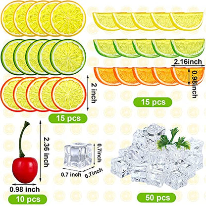 MTLEE 90pcs Artificial Plant Fruit Decor Set, Including 30 Simulation Lemon Slices, 50 Clear Acrylic Ice Cubes, 10 Artificial Cherry Fruits for Home Decor, Wedding Vase Filler, Photo Prop