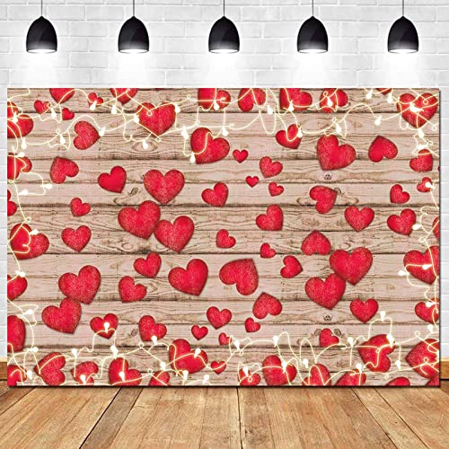 Vintage Rustic Wood Glitter Glow Red Love Heart Valentine's Day Theme Photography Backdrop Wedding Anniversary Bridal Shower Mother's Day Photo Background Couple Studio Shoot Props Supplies 7x5ft - size: 7x5 FT