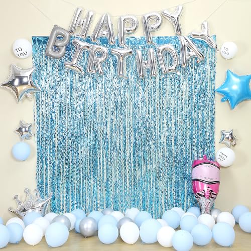 3 Pack Blue Wavy Tinsel Foil Fringe Curtain - 6.6 ft x 3.3 ft Foil Backdrop Photo Booth Props for Mermaid Birthday Under The Sea Party,Baby Shark Birthday Decorations - color: Pure Blue